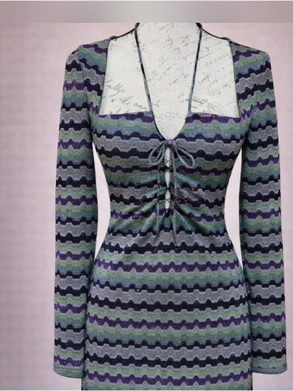 Zara Metallic Knit Mini Dress Green Purple Geometric Tie Front Small